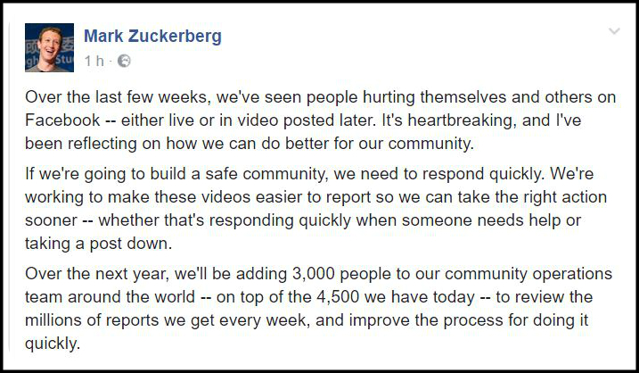 Facebook, stop ai post violenti: Zuckerberg assume 3mila persone
